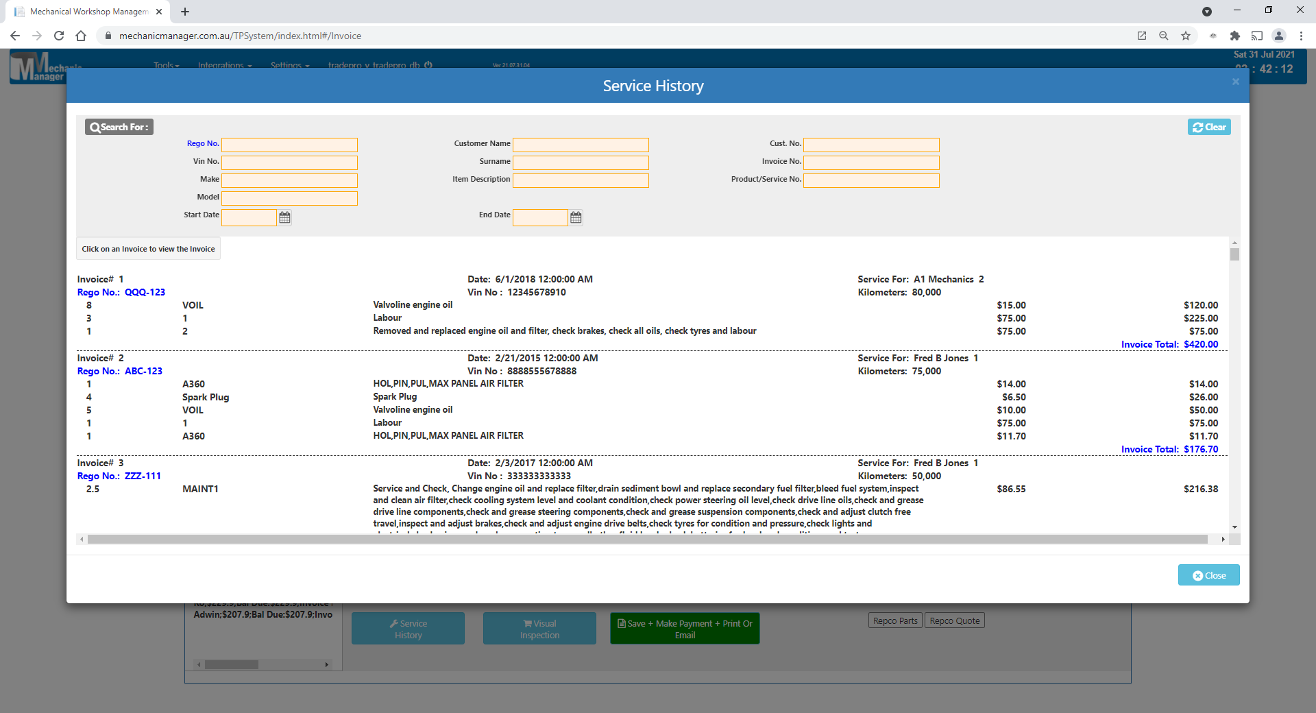 Service history search